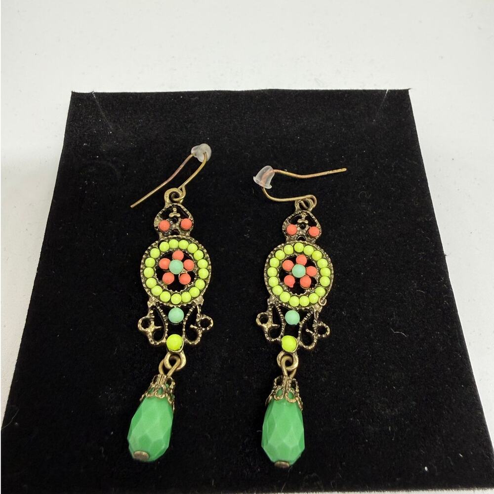 VINTAGE Boho Filigree Dangle Earrings Green Enamel Festival Hippie Artisan Folk